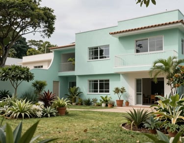 A wide shot of a peaceful community garden area outside a Brazilian association building. The architecture is modern and integrated with nature, using light mint tones.