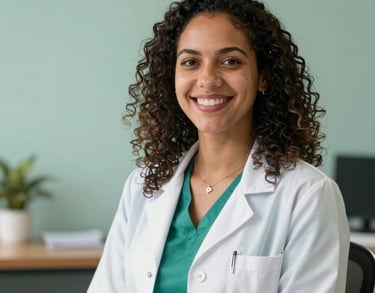 A smiling Brazilian health educator in a bright, clean office. The background is a soft greenish teal wall, emphasizing a calm and professional atmosphere.