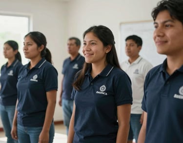 A group of South American volunteers in a bright room, engaged in a training session with focused and hopeful expressions. The aesthetic is clean and professional.