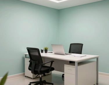 A professional and clean office interior in Teófilo Otoni, Brazil, with soft lighting and light mint wall accents. The furniture is modern and minimalist, creating a sense of trust and order.