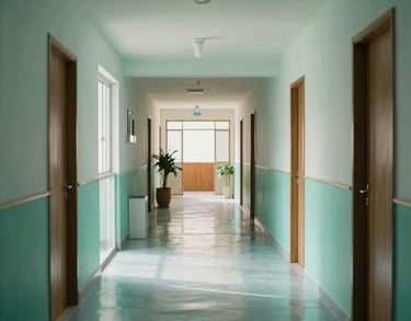 An interior hallway of a modern Brazilian health NGO, with polished floors reflecting soft light mint and teal colors. The space feels open and hopeful.
