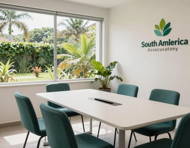A bright and airy meeting room in a South American health association office. Large windows show greenery outside. The interior features greenish teal chairs and a clean white table.