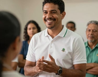 A Brazilian community leader speaking with kindness in a professional setting. The lighting is warm and hopeful, reflecting a humanitarian mission.