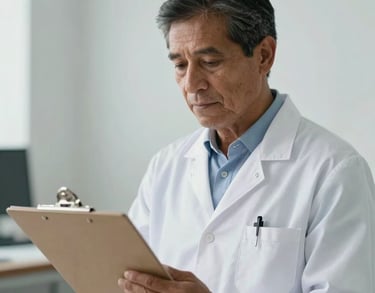 Photography of a healthcare professional in South America, wearing a clean white coat, looking at a clipboard with a professional and compassionate expression in a bright room.