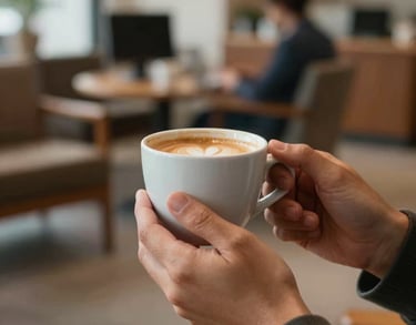 A close-up of hands holding a warm cup of coffee in a welcoming South American office lounge, symbolizing hospitality and comfort.