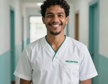 Portrait of a dedicated Brazilian volunteer worker in a clean professional uniform, smiling warmly in a bright hallway with soft teal accents.