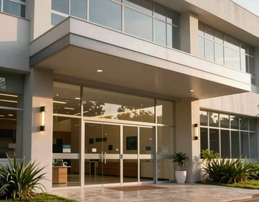 Modern architectural detail of a healthcare facility entrance in Minas Gerais, Brazil. The design uses biophilic elements and soft natural lighting to promote healing.