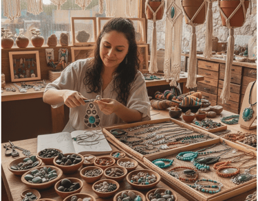 Joyero artesanal creando collares de piedras preciosas hechos a mano