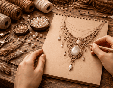 Artista dibujando el diseño de un collar de macramé hecho a mano con perlas y cuerda