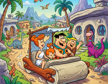 Fred Flintstone e sua família dirigindo um carro de pedra por Bedrock, com dinossauros e palmeiras.