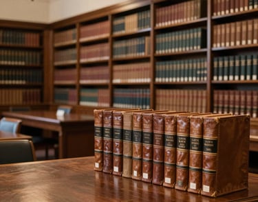 A bright, professional law library within a federal building in the US, featuring rows of leather-bound books and dark wood tables under soft, warm lighting.