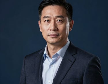Professional portrait of a department head in a dark suit, standing against a dark blue background with a professional, serious demeanor, North American / US.