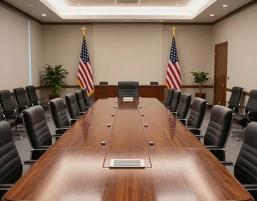 A large conference room in a federal office building in the US, with a long mahogany table and ergonomic chairs, prepared for a high-level briefing.