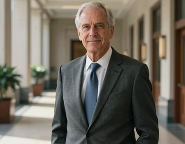 Professional portrait of a senior advisor in business attire, looking confident in a sunlit administrative hallway of a federal building, North American / US.