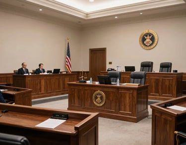 A wide-angle interior shot of a formal federal courtroom in the US, featuring a mahogany bench, seals of justice, and professional seating under architectural lighting.