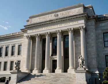External view of the Robert F. Kennedy Department of Justice building in Washington D.C., showing neoclassical architecture under a clear blue sky, North American / US.