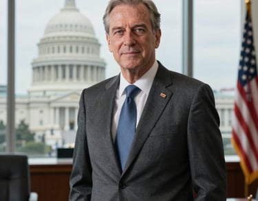 Professional portrait of a high-ranking federal official in a dark grey suit, standing in a bright, modern office with a blurred background of the US Capitol, North American / US.