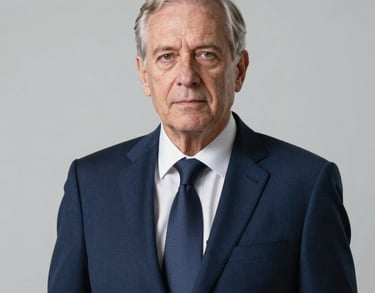 Professional portrait of a senior legal executive in a formal navy blue suit against a neutral light grey background, serious and authoritative expression, North American / US.