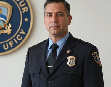 Professional portrait of a federal investigator in a dark suit, standing in front of a white wall with an official seal partially visible, North American / US.