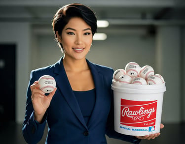 Professional woman holding a Rawlings bucket filled with official league baseballs in a training facility.