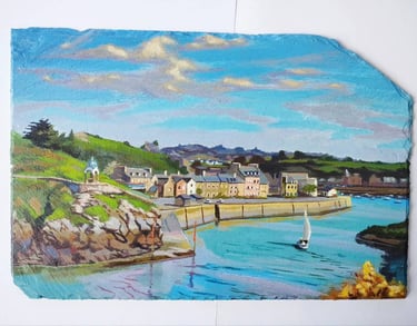 Peinture du port de Dahouët à Pléneuf-Val-André réalisée sur ardoise