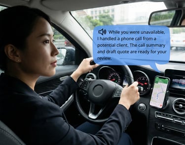 Focused entrepreneur driving with assistant giving business update