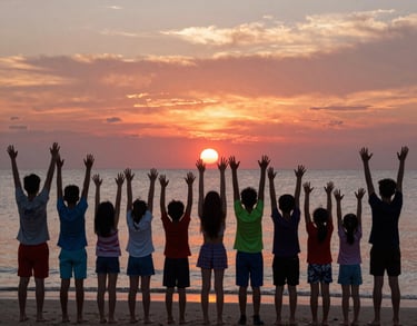 21 children of all ages including adults viewed from behind with their arms raisedh theit atm