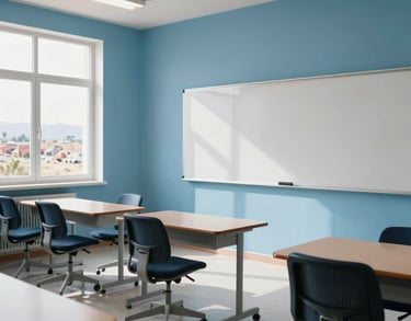A wide shot of a modern, sun-drenched classroom with ergonomic furniture and a large digital whiteboard, sky blue walls, Middle Eastern landscape visible through the window.