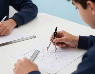 A focused shot of a student's hands solving geometry problems with a compass and ruler on a clean white desk, professional lighting, soft sky blue and deep navy accents, Middle Eastern setting.