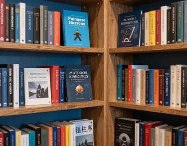 An inviting bookshelf filled with classic and modern math textbooks and professional journals in a library corner, slate blue and wood tones, Middle Eastern interior style.