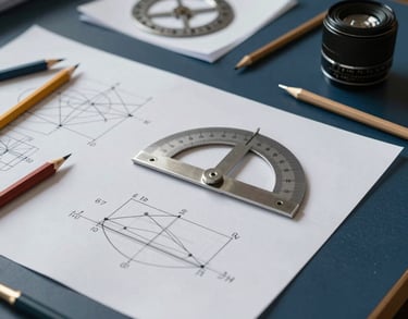 A creative workspace with a group of architectural and mathematical tools spread out on a table, including a protractor and sketches, deep navy and slate blue lighting.