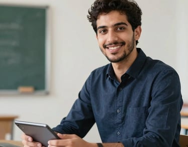 A secondary tutor, a young man, in a bright classroom setting holding a digital stylus, smiling towards the camera, Middle Eastern context, professional and inviting atmosphere.