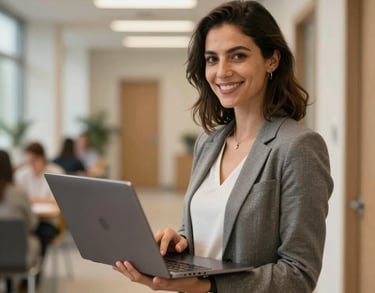A female educational coordinator standing in a modern hallway of a learning center, holding a laptop, warm smile, Anatolian professional style, soft lighting.