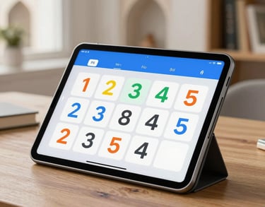 A close-up shot of a modern tablet displaying a colorful math application on a wooden desk, in a bright study area with Middle Eastern architectural details, steel blue and light gray color palette.