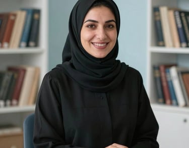 Portrait of a female mathematics tutor smiling warmly, dressed in professional Anatolian modest attire, sitting in a bright office with shelves of books, soft daylight, pale ice blue background.
