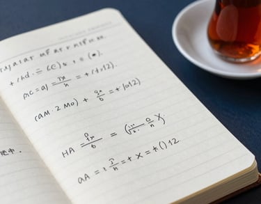 A close-up of a student's notebook with neat mathematical equations and sketches, with a cup of Turkish tea beside it on a desk, light gray and deep navy tones.