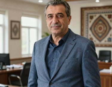 Professional portrait of Ömer Hoca, a middle-aged man with a supportive expression, in a modern academic office with Anatolian design touches, slate blue blazer, natural lighting.