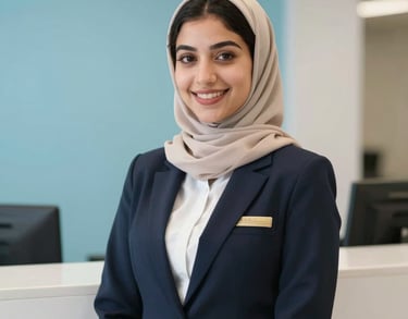 Portrait of a young administrative assistant in a bright reception area, smiling, modern Middle Eastern professional attire, sky blue background elements.