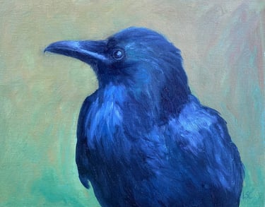 An original oil painting of a crow in side profile close up