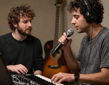 A musician wearing headphones sings into a microphone while playing a keyboard in a recording studio.