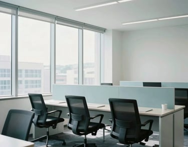 Interior shot of a minimalist corporate collaboration zone with ergonomic furniture, Global Business / Corporate, natural light through large windows, palette includes white and pale blue-white.