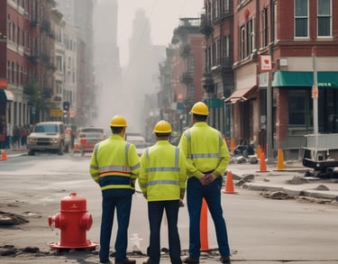 a man riding a skateboard down a street next to tall buildings