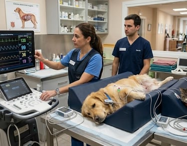 Veterinarians monitor vital signs of a Golden Retriever and a cat on an ultrasound machine in a vet clinic.