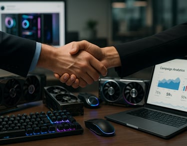 Business handshake in front of PC hardware and campaign screen symbolizing brand partnership