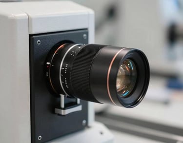 A close-up photograph of a modern lens edging machine in a bright, professional optical lab in Indiana, North American style, sharp focus, neutral lighting.