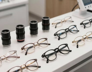 A high-quality photo of a variety of optical lenses and professional frames displayed on a sleek white counter in a high-end Indiana eye care practice.