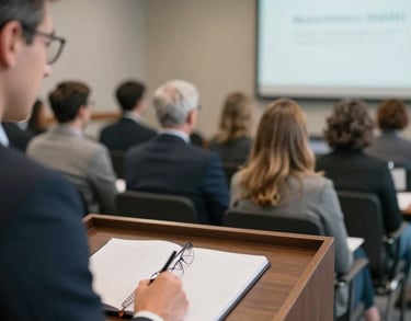 A professional seminar setting in an Indiana conference hall, showing blurred attendees and a clear podium with a notebook and eyeglasses, soft natural lighting.