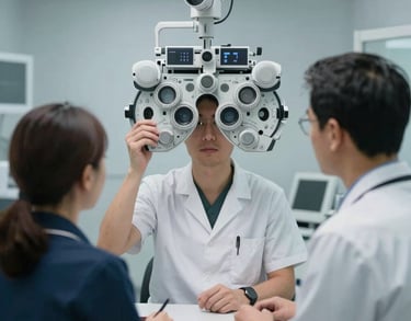 A collaborative scene of three opticians discussing a digital eye chart in a modern clinic in Indiana, professional attire, soft blue-gray tones in the background.