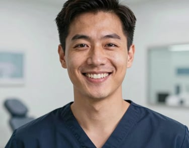 A professional headshot of a person in professional medical scrubs, smiling in a clean and bright optical clinic setting, North American style.