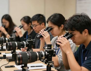 A group of professionals engaged in a workshop, looking at optical instruments on a table, warm indoor lighting in a North American educational center.